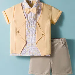 ToffyHouse Poplin Woven Half Sleeves Party Shirt & Shorts Set with Attached Jacket & Bow - Peach & Tan-picture-28