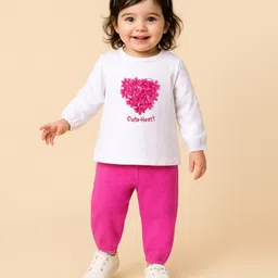 Babyoye 100% Cotton Knit With Eco Jiva Finish Full Sleeves T-Shirt & Lounge Pant Set With Floral Applique - White & Pink-picture-19