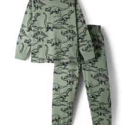Primo Gino 100% Cotton Knit Full Sleeves Co-Ord Nightsuit with Dino Print - Dark Green-picture-17