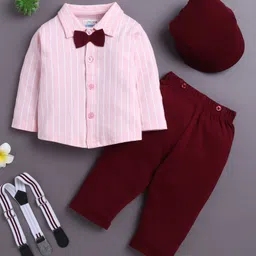 BUMZEE Cotton Knit Full Sleeves Vertical Striped Shirt with Attached Bow & Pant Set With Suspender Cap - Maroon & Pink-picture-19