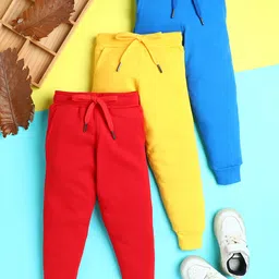 Knitting Doodles Terry Knit Pack Of 3 Solid Track Pants - Blue Yellow & Cherry Red-picture-21