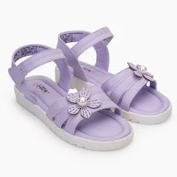 Toothless Floral Applique Detailed Sandals With Velcro Closure - Purple image 3