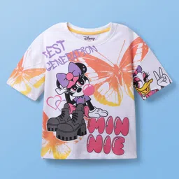 Pine Kids Disney Single Jersey Knit Half Drop Shoulder Sleeves Oversized T-Shirt with Front & Back Minnie & Friends Graphics - White image 2