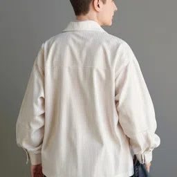 HERE&NOW Men White Shirt Collar Longline Solid Front-Open Sweatshirt image 3