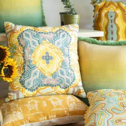 freedom tree Udipi Cotton Light Slub Yellow And Blue Cushion Cover - 18 X 18 Inches image 1