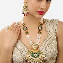 Zaveri Pearls Green Pink Meenakari Multistrand Necklace Earring Ring Set-ZPFK17586 image 1