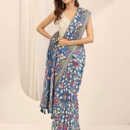 Libas Blue Floral Print Saree with Unstitched Blouse image 1