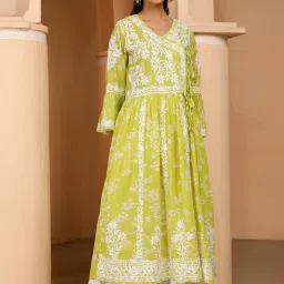 House of Chikankari Green Embroidered Angrakha Kurta image 1