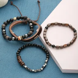 Aatmana Men Brown & Black-Coloured Leather & Beads Wraparound Bracelet - Set of 4 image 1