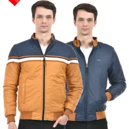Integriti Mustard & Navy Regular Fit Striped Reversible Jacket-image-0