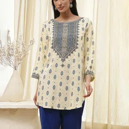Biba Beige & Blue Rayon Printed Kurta image 1