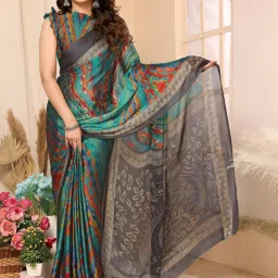 FABMORA Green & Grey Printed Saree With Unstitched Blouse image 1