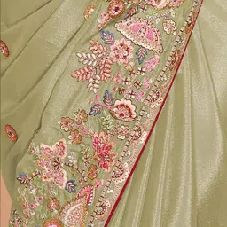 Odette Green Embroidered Saree With Unstitched Blouse image 4