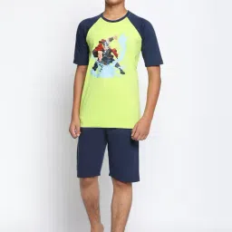 Lil Tomatoes Kids Neon Green & Navy Marvel Print T-Shirt with Shorts-image-64