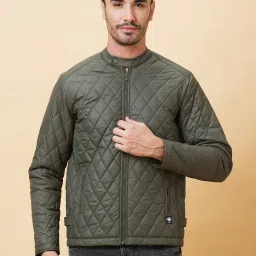 Being Human Dark Green Oversized Self Pattern Biker Jackets image 1