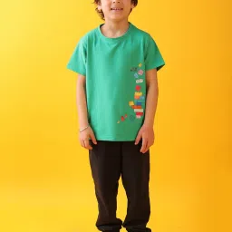 Anthrilo Boys Green & Black Cotton Regular Fit Self Joggers Set image 1