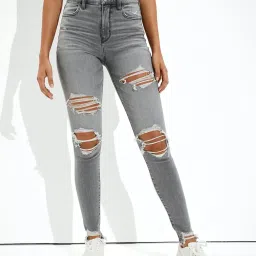 American Eagle Women Grey Ne(x)t Level Ripped Super High-Waisted Jegging image 1