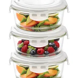 Borosil Transparent 400ml Round Glass Food Storage Container with Air Tight Lid (3 Piece)-image-93