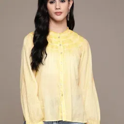 Label Ritu Kumar Yellow Cotton Full Sleeves Solid Short Top-picture-14