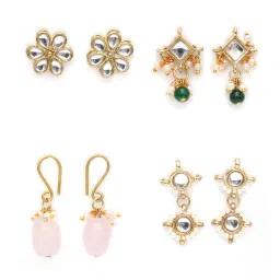 Karatcart Handcrafted Kundan Stud & Drop Earrings - Set of 4 image 3
