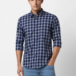 Peter England Navy Cotton Slim Fit Checks Shirt image 1