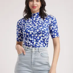 Fablestreet Blue & White Cotton Floral Print T-Shirt image 1