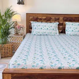 Urban Space Divine Zinnia Blue Cotton 144 TC Queen Bedsheet With Pillow Covers-image-15