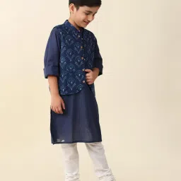 Fabindia Kids Navy Printed Full Sleeves Kurta with Nehru Jacket image 3