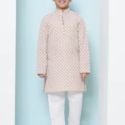 AJ Dezines Kids Peach & White Embroidered Full Sleeves Kurta with Pyjamas image 1