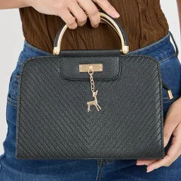 Styli Black Textured Deer Pendant Satchel Bag image 1