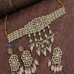 SGA FASHION Gold-Plated Kundan Studded & Beaded Necklace & Earrings With Maang Tika-picture-33