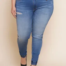 Kiaahvi Plus Size Blue Distressed Regular Fit Mid Rise Joggers-image-1