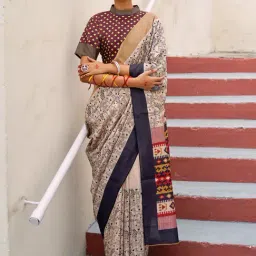 Saree Mall Beige Printed Saree With Unstitched Blouse-image-50