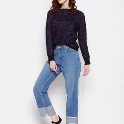 MADAME Black Cotton Regular Fit Sweater image 4
