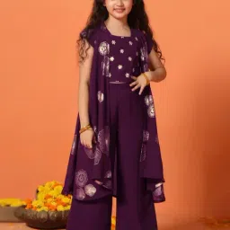 Fashion Dream Kids Wine Embroidered Crop Top With Palazzos And Shrug Set-image-59