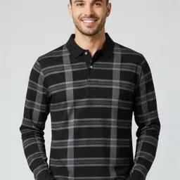 AUTNA Cotton Abstract Checked Polo Collar Long Sleeves T-shirt-image-54