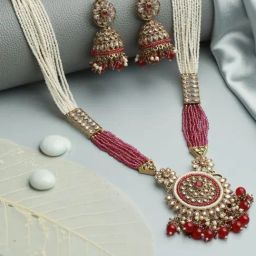 Aatmana Gold-Plated Purple & White Beaded Polki Necklace & Earring Set-picture-27