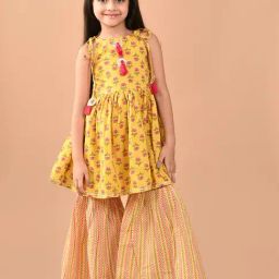 LilPicks Kids Mustard Floral Print Kurta with Sharara-picture-40