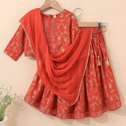 Babyhug Three Fourth Sleeves Choli With Lehenga & Dupatta Brocade Print - Orange-picture-23