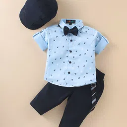 Robo Fry Cotton Lycra Full Sleeves Anchor Printed Party Shirt & Trouser Set with Bow Cap & Suspender - Sky Blue-picture-33