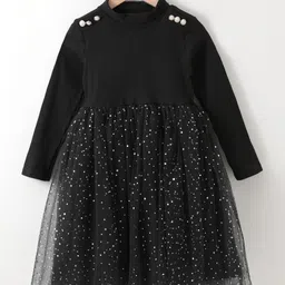 Kookie Kids Full Sleeves Party Frock with Sequin & Button Detailing - Black-picture-31