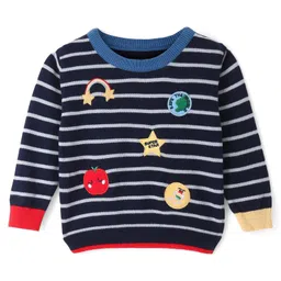 ToffyHouse Cotton Knit Full Sleeves Sweater with Rainbow & Star Embroidery - Navy Blue-picture-15