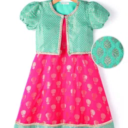 EARTHY TOUCH Jacquard Woven Half Sleeves Embroidered Shrug & Ethnic Dress with Floral Foil Print - Dark Pink-picture-19