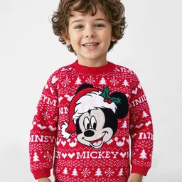 Babyhug Disney Knitted Full Sleeves Pullover Sweater With Mickey Mouse Design & Patch - Red-picture-11