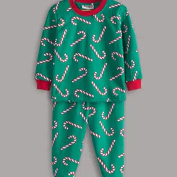 Hugsntugs Cotton Full Sleeves Candy Canes Printed Coordinating Sweatshirt & Joggers Set - Green-picture-25