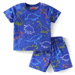 Babyhug Cotton Knit Half Sleeves Shorts Night Suit With Dino Print - Blue-picture-33