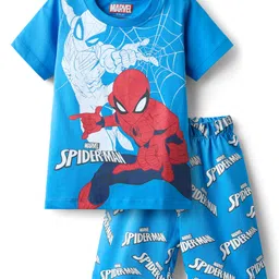 Babyhug Marvel Single Jersey Knit Half Sleeve Shorts Night Suit With Spider-Man Graphic - Blue-picture-14
