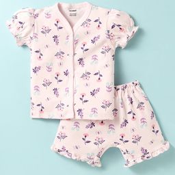 CUCUMBER Sinker Knit Puffed Sleeves Shorts Co-ords Night Suit with Floral Print - Pink-picture-19