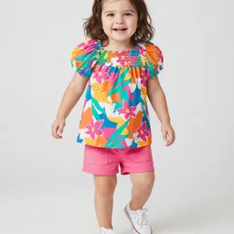 Babyhug Single Jersey Knit Half Puffed Sleeves Top & Shorts Set with Floral Print & Smocking - Pink-picture-21