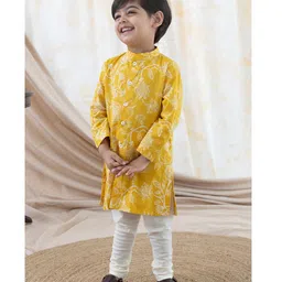 Tiber Taber 100% Cotton Full Sleeves Floral Printed Kurta Pyjama Set - Yellow-picture-10